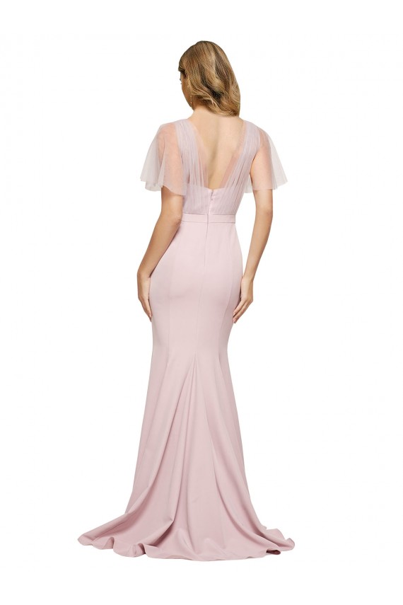 Short Sleeves Long Stretch Crepe & Tulle Mauve Sheath Formal Evening Dress