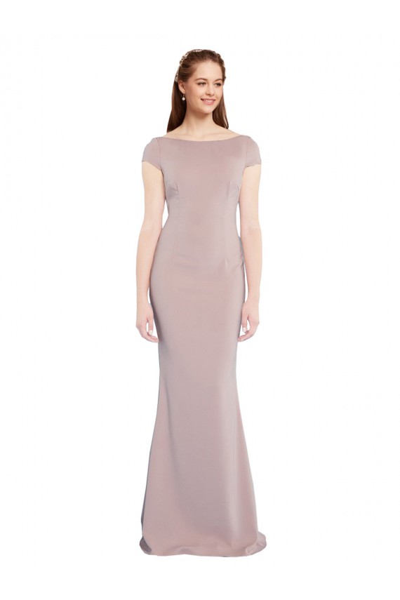 Long Cap Sleeves Stretch Crepe Dusty Pink Mermaid Formal Evening Dress
