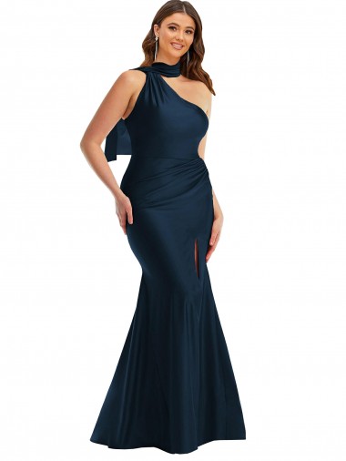 Long Sleeveless Silky Satin Dark Navy Mermaid Plus Size Formal Evening Dress for Sale
