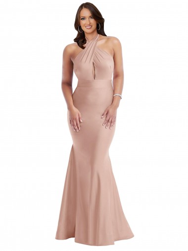 Long Sleeveless Silky Satin Dusty Pink Halter Neck Mermaid Plus Size Formal Evening Dress for Sale