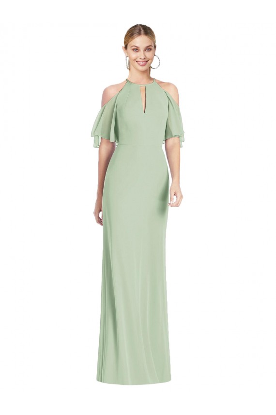 Long Cold Shoulder Soft Chiffon Sage Mermaid Semi Formal Evening Dress