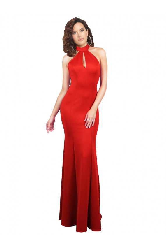 Long Sleeveless Stretch Satin Red Halter Neck Mermaid Formal Evening Dress