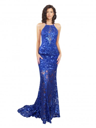 Long Sleeveless Lace Royal Blue Mermaid Semi Formal Evening Dress for Sale