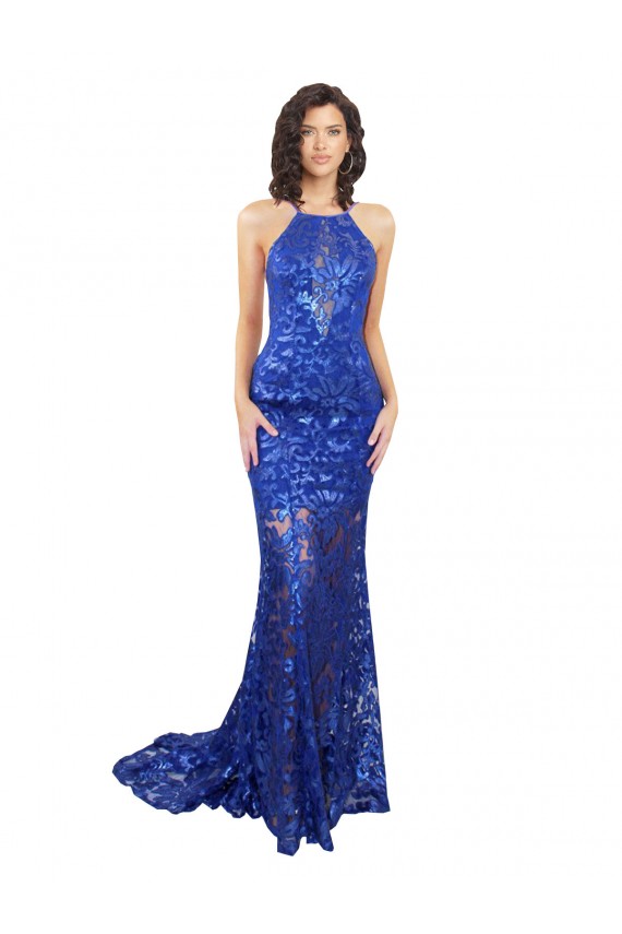 Long Sleeveless Lace Royal Blue Mermaid Semi Formal Evening Dress