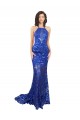 Long Sleeveless Lace Royal Blue Mermaid Semi Formal Evening Dress