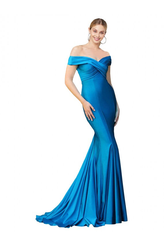 Long Sleeveless Satin Peacock Blue Mermaid Formal Evening Dress