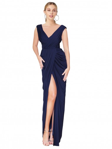 Long Sleeveless Soft Chiffon Dark Navy Mermaid Formal Evening Dress for Sale