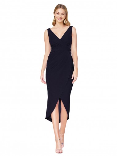 Knee Length Sleeveless Stretch Crepe Dark Navy Mermaid High Low Evening Dress for Sale