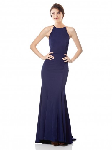 Long Sleeveless Stretch Crepe Navy Blue Mermaid Evening Dress for Sale