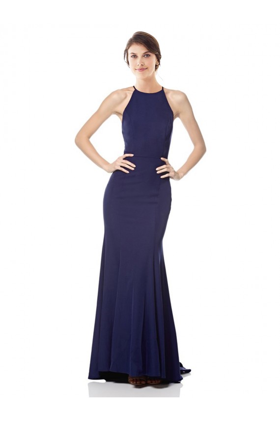 Long Sleeveless Stretch Crepe Navy Blue Mermaid Evening Dress