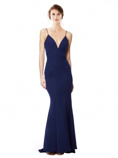 Long Sleeveless Stretch Crepe Navy Blue Mermaid Formal Dress for Sale