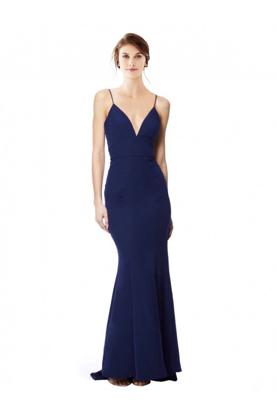 Long Sleeveless Stretch Crepe Navy Blue Mermaid Formal Dress