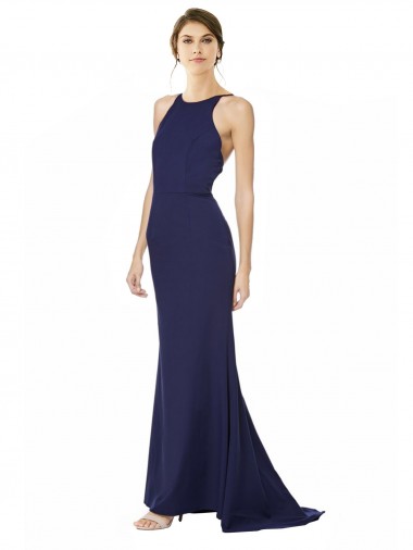 Long Sleeveless Stretch Crepe Navy Blue Mermaid Formal Evening Dress for Sale