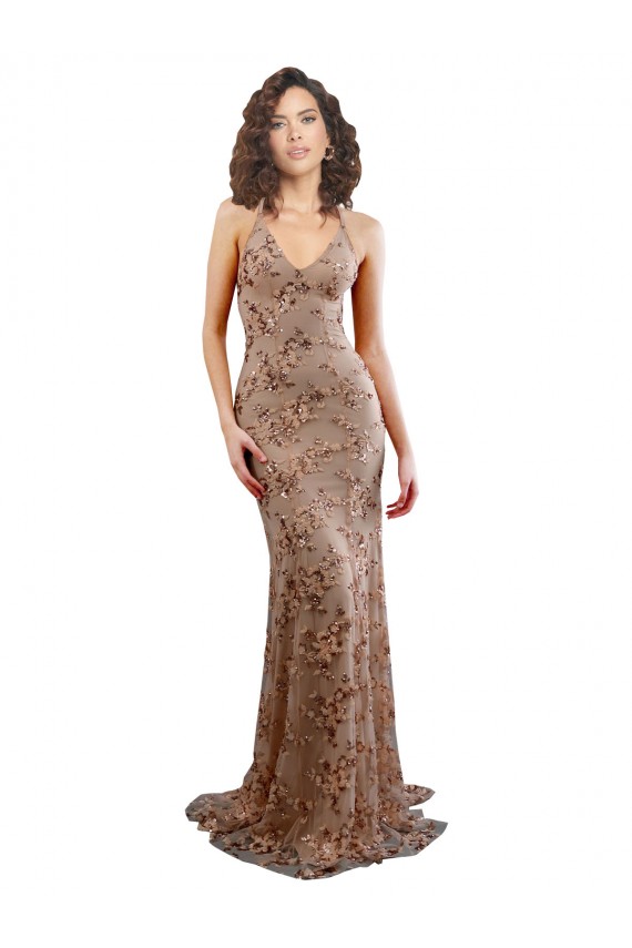 Long Sleeveless Stretch Crepe & Sequin Tulle Rose Gold Mermaid Formal Evening Dress