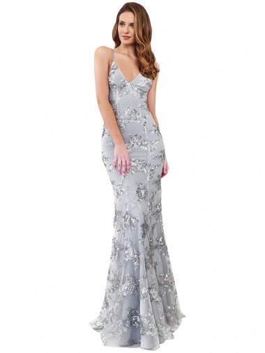 Long Sleeveless Stretch Crepe & Sequin Tulle Silver Mermaid Formal Evening Dress for Sale