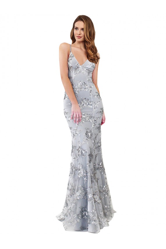 Long Sleeveless Stretch Crepe & Sequin Tulle Silver Mermaid Formal Evening Dress