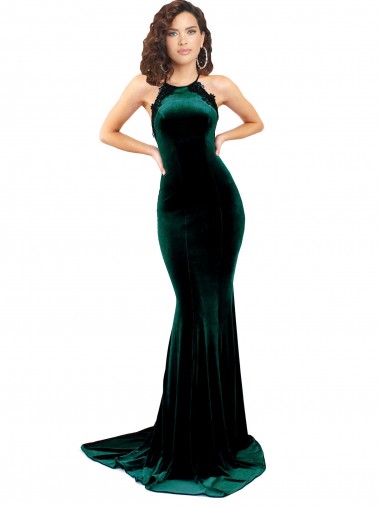 Sweep Train Sleeveless Stretch Velvet Dark Green Mermaid Formal Evening Dress for Sale