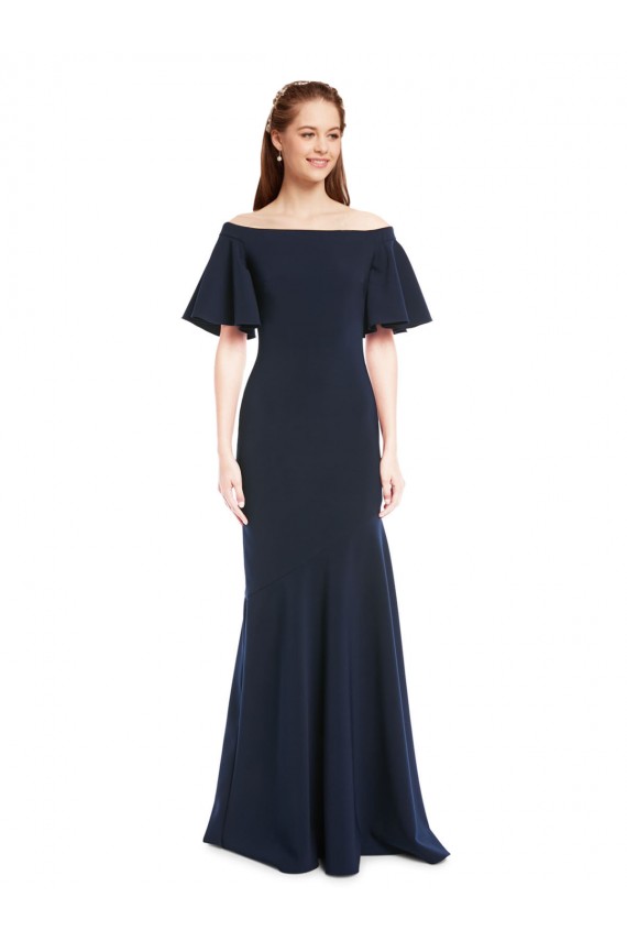 Short Sleeves Long Stretch Crepe Dark Navy Mermaid Evening Dress
