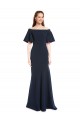 Short Sleeves Long Stretch Crepe Dark Navy Mermaid Evening Dress