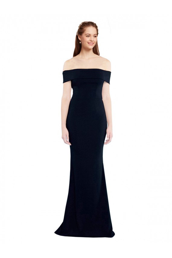 Long Sleeveless Stretch Crepe Dark Navy Off the Shoulder Mermaid Formal Dress