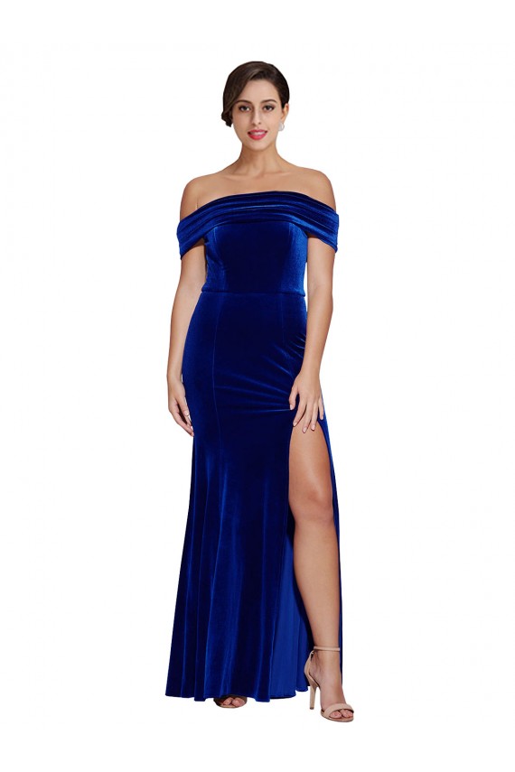 Long Sleeveless Stretch Velvet Royal Blue Mermaid Formal Evening Dress
