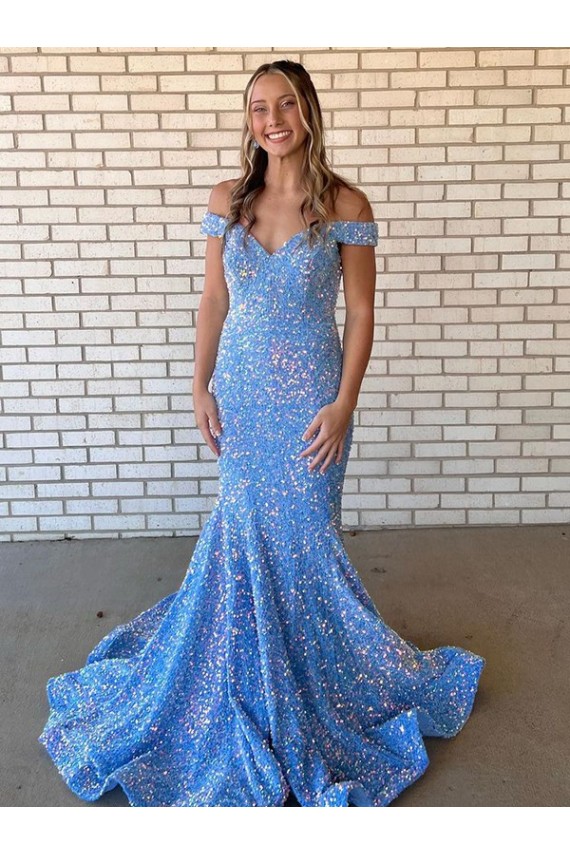Long Sleeveless Velvet Sequin Periwinkle Mermaid Evening Dress