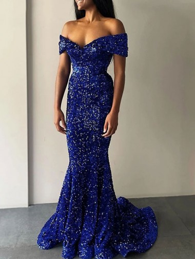 Sweep Train Sleeveless Velvet Sequin Royal Blue Mermaid Evening Dresses for Sale