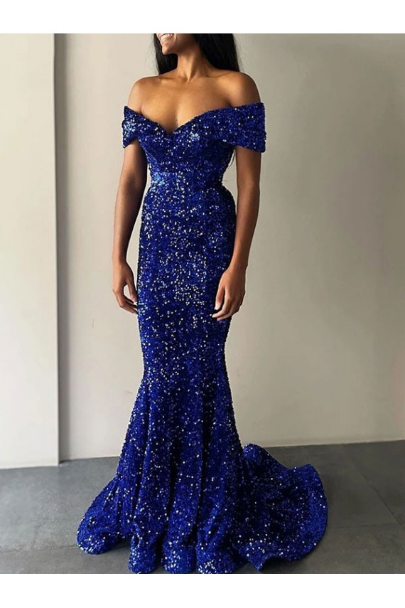 Sweep Train Sleeveless Velvet Sequin Royal Blue Mermaid Evening Dresses