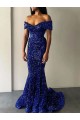 Sweep Train Sleeveless Velvet Sequin Royal Blue Mermaid Evening Dresses