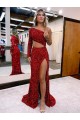 Sweep Train Long Sleeves Velvet Sequin Burgundy Mermaid Evening Dress