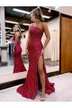 Sweep Train Sleeveless Velvet Sequin Burgundy Mermaid Evening Dress