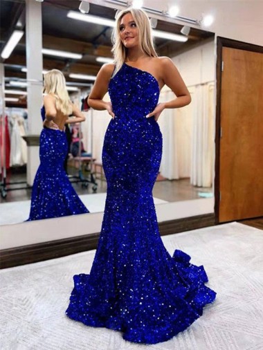 Sweep Train Sleeveless Velvet Sequin Royal Blue Mermaid Long Evening Dress for Sale