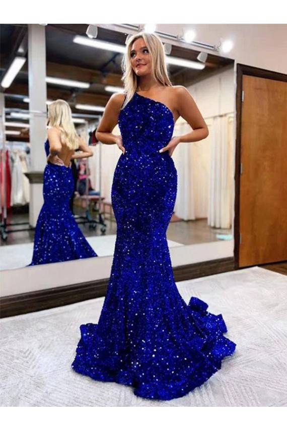 Sweep Train Sleeveless Velvet Sequin Royal Blue Mermaid Long Evening Dress