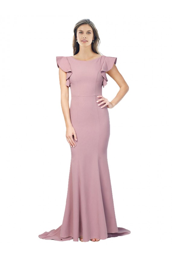 Sweep Train Flutter Sleeves Stretch Crepe Dusty Pink Mermaid Formal Evening Dress