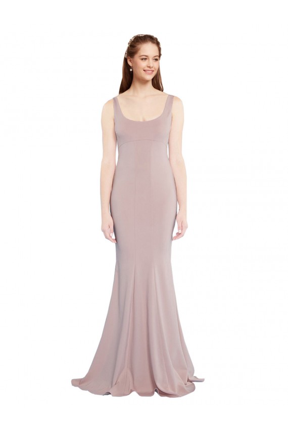 Long Cap Sleeves Stretch Crepe Dusty Pink Scoop Neck Mermaid Formal Evening Dress