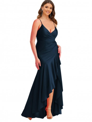 Long Sleeveless Silky Satin Dark Navy Mermaid High Low Plus Size Evening Dress for Sale