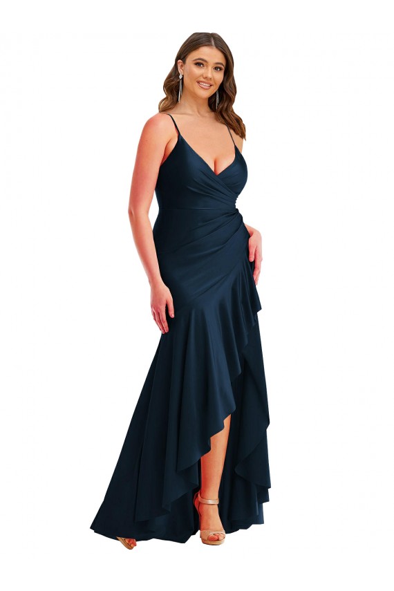 Long Sleeveless Silky Satin Dark Navy Mermaid High Low Plus Size Evening Dress