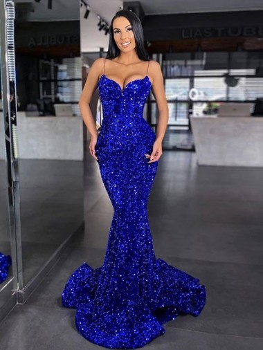 Sweep Train Sleeveless Velvet Sequin Royal Blue Mermaid Evening Gown for Sale