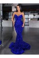 Sweep Train Sleeveless Velvet Sequin Royal Blue Mermaid Evening Gown