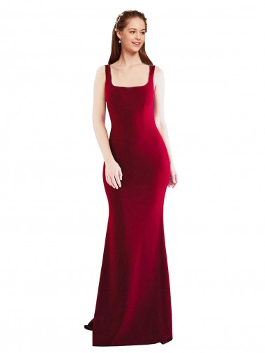 Long Sleeveless Stretch Crepe Burgundy Square Neck Mermaid Formal Evening Dress for Sale