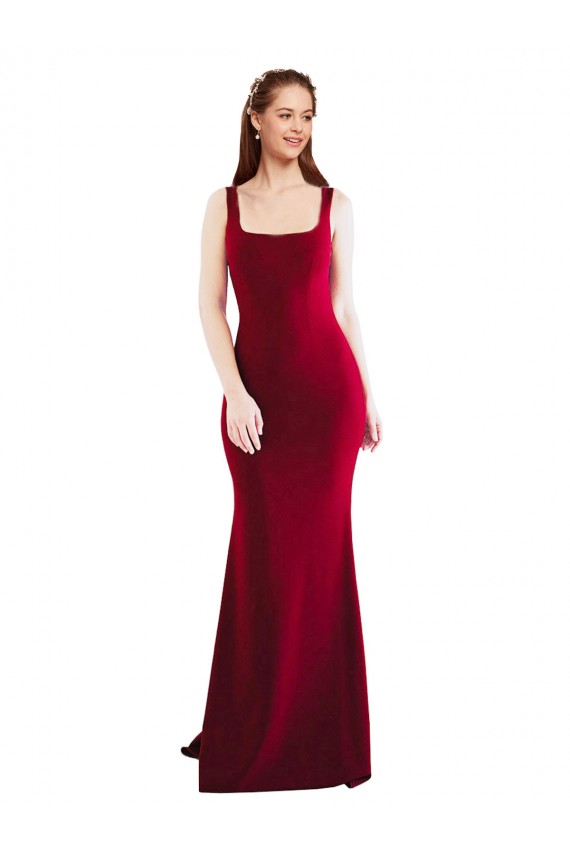 Long Sleeveless Stretch Crepe Burgundy Square Neck Mermaid Formal Evening Dress