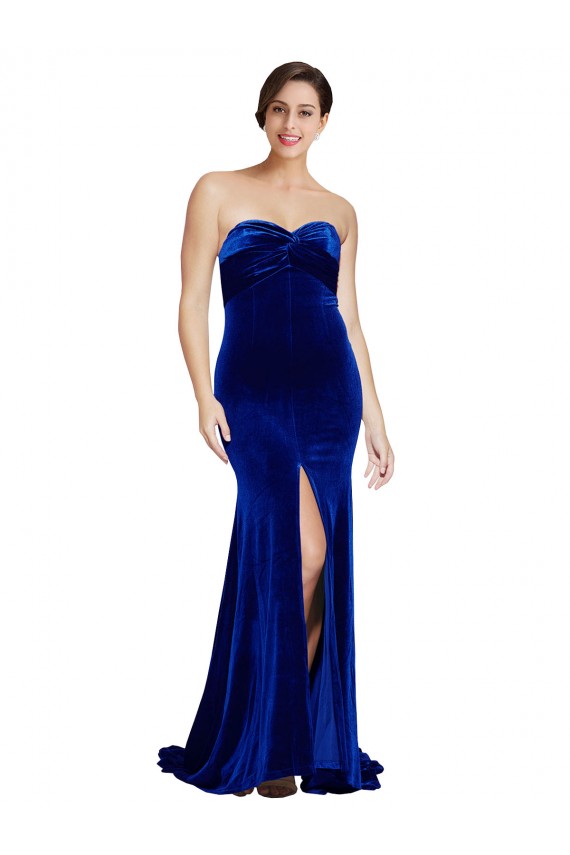 Sweep Train Sleeveless Stretch Velvet Royal Blue Mermaid Formal Evening Dress