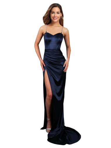 Long Sleeveless Stretch Satin Dark Navy Mermaid Formal Evening Dress for Sale