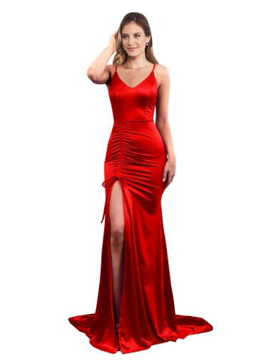 Long Sleeveless Stretch Satin Red Mermaid Evening Dress for Sale