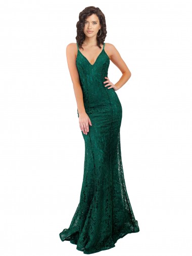 Long Sleeveless Lace Dark Green Mermaid Black Tie Evening Dress for Sale