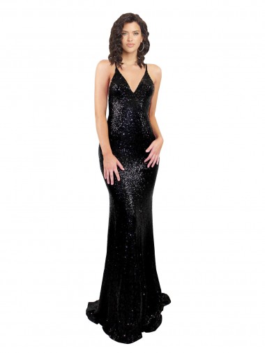 Long Sleeveless Sequin Black Mermaid Black Tie Evening Dress for Sale