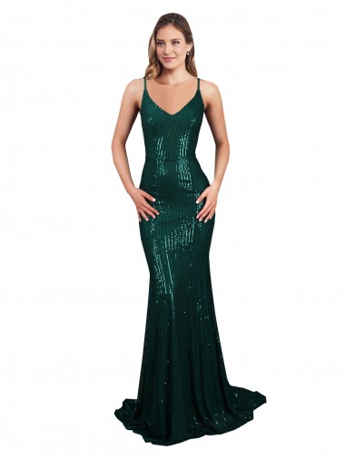 Long Sleeveless Sequin Dark Green Mermaid Formal Evening Dress for Sale