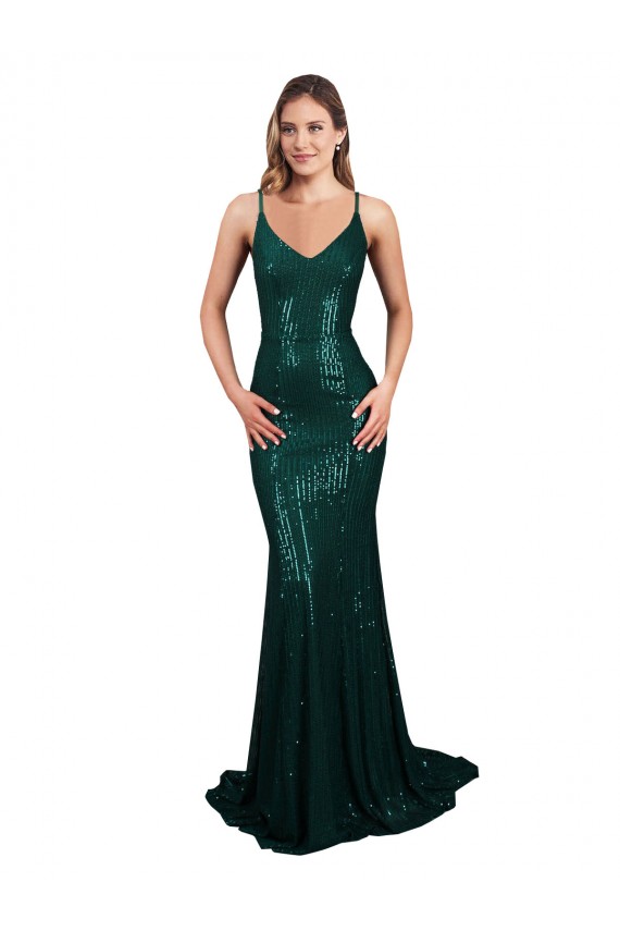Long Sleeveless Sequin Dark Green Mermaid Formal Evening Dress