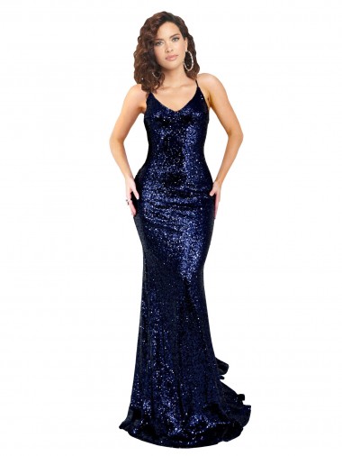 Long Sleeveless Sequin Dark Navy Mermaid Formal Evening Dress for Sale