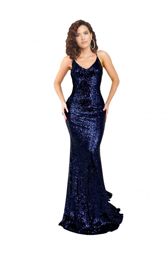 Long Sleeveless Sequin Dark Navy Mermaid Formal Evening Dress